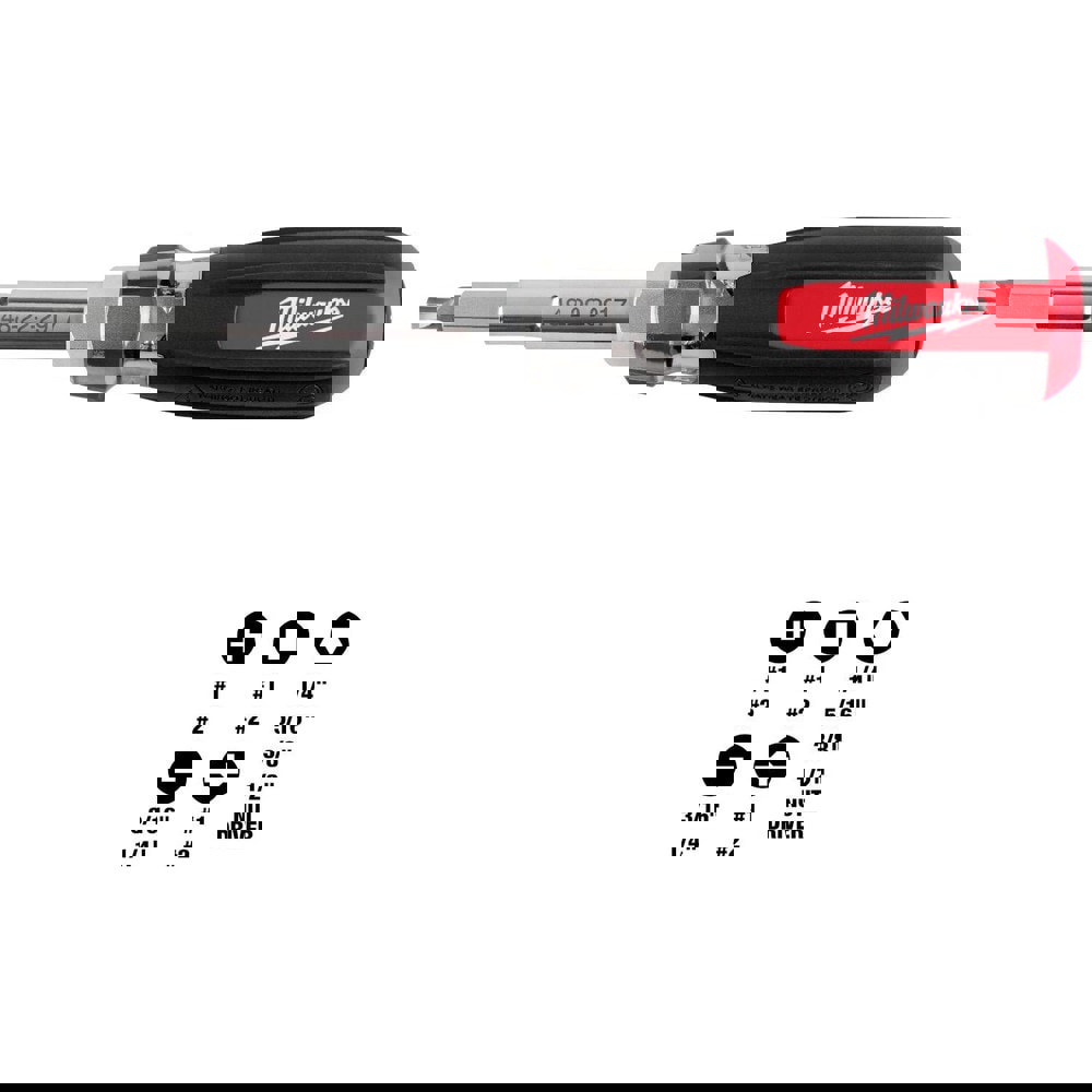 Bit Screwdrivers; Type: Combination ; Tip Type: Phillips; Slotted; Square; Nut Driver ; Drive Size (TXT): 1/4 in; 3/8 in; 5/16 in; 1/2 in ; Shaft Length: 3.5000 ; Handle Type: Cushion Grip ; Overall Length (Decimal Inch): 8